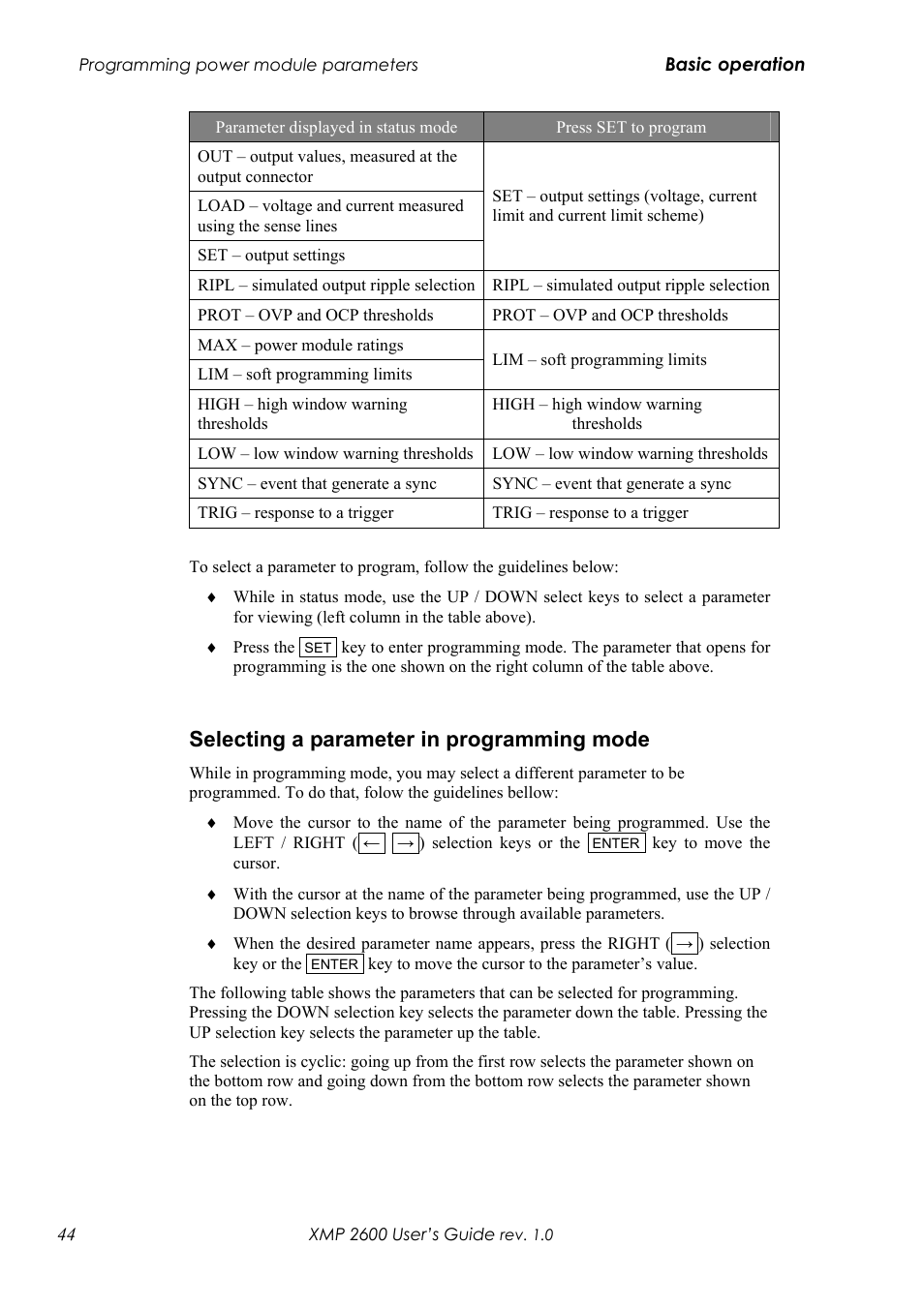 Electing a parameter in programming mode, Selecting a parameter in programming mode | Xantrex Technology XMP 2600 User Manual | Page 63 / 119