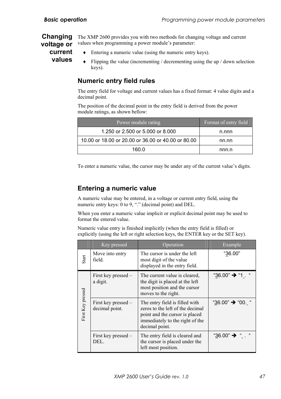 Hanging voltage or current values, Umeric entry field rules, Ntering a numeric value | Changing voltage or current values, Numeric entry field rules, Entering a numeric value | Xantrex Technology XMP 2600 User Manual | Page 66 / 119