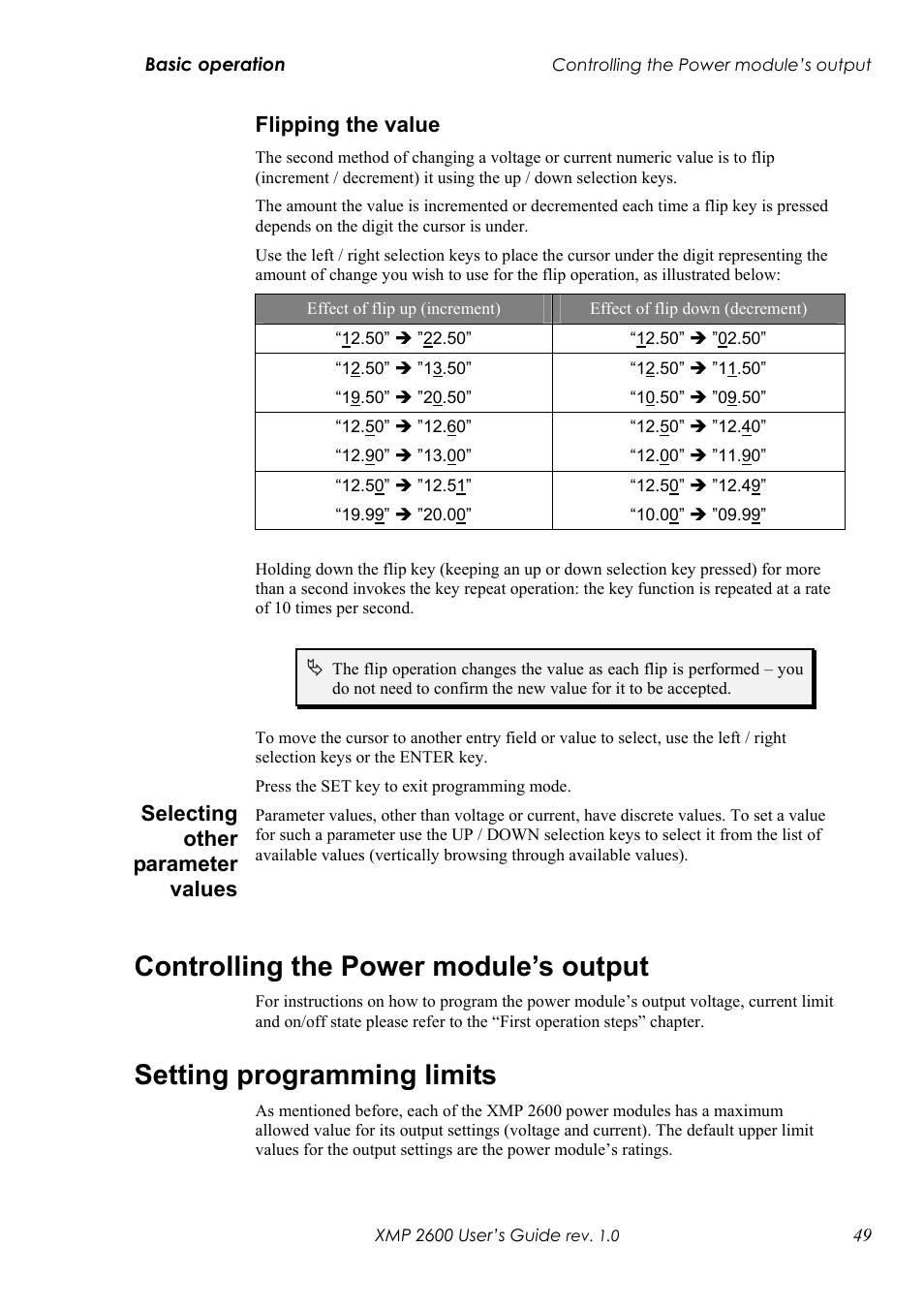 Lipping the value, Electing other parameter values, Controlling the power module’s output | Setting programming limits, Flipping the value, Selecting other parameter values | Xantrex Technology XMP 2600 User Manual | Page 68 / 119