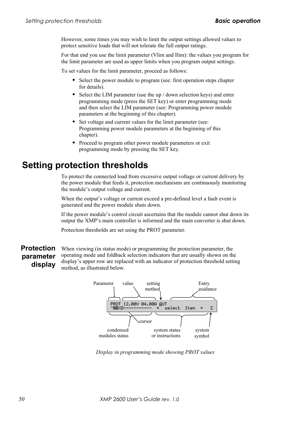 Setting protection thresholds, Rotection parameter display, Protection parameter display | Xantrex Technology XMP 2600 User Manual | Page 69 / 119