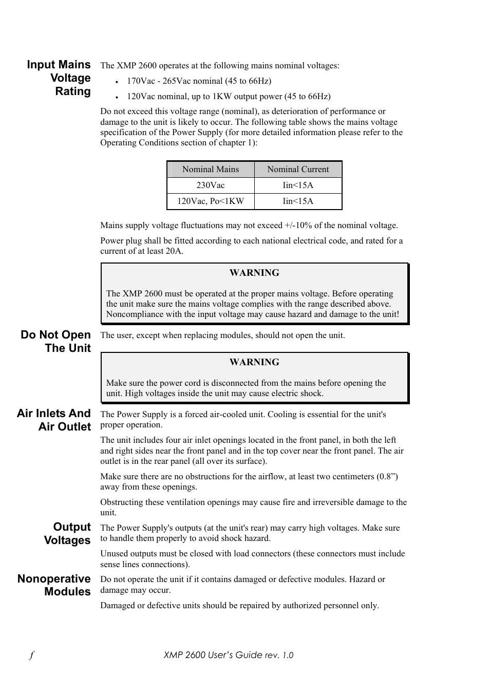 Input mains voltage rating, Do not open the unit, Air inlets and air outlet | Output voltages, Nonoperative modules | Xantrex Technology XMP 2600 User Manual | Page 7 / 119