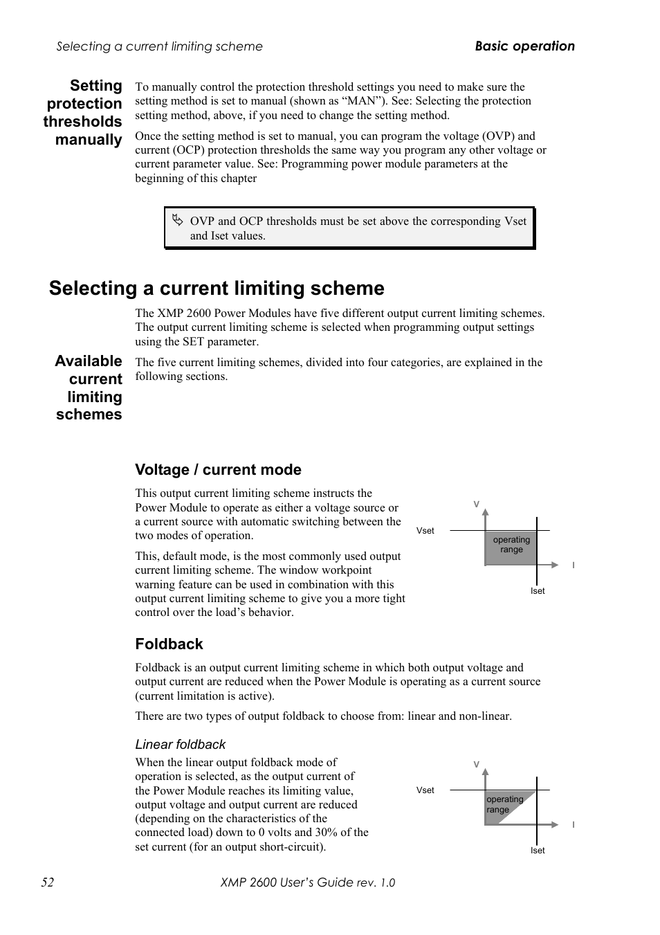 Etting protection thresholds manually, Selecting a current limiting scheme, Vailable current limiting schemes | Oltage, Current mode, Oldback, Setting protection thresholds manually, Available current limiting schemes, Voltage / current mode, Foldback | Xantrex Technology XMP 2600 User Manual | Page 71 / 119