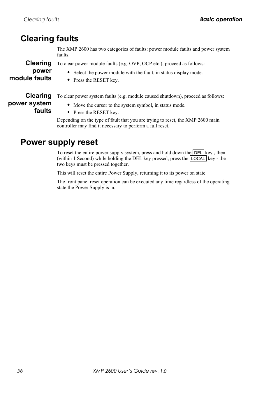 Clearing faults, Learing power module faults, Learing power system faults | Power supply reset | Xantrex Technology XMP 2600 User Manual | Page 75 / 119