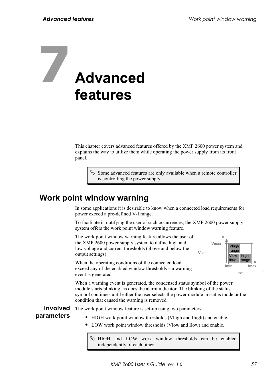 Chapter 7: advanced features, Work point window warning, Nvolved parameters | Advanced features | Xantrex Technology XMP 2600 User Manual | Page 76 / 119