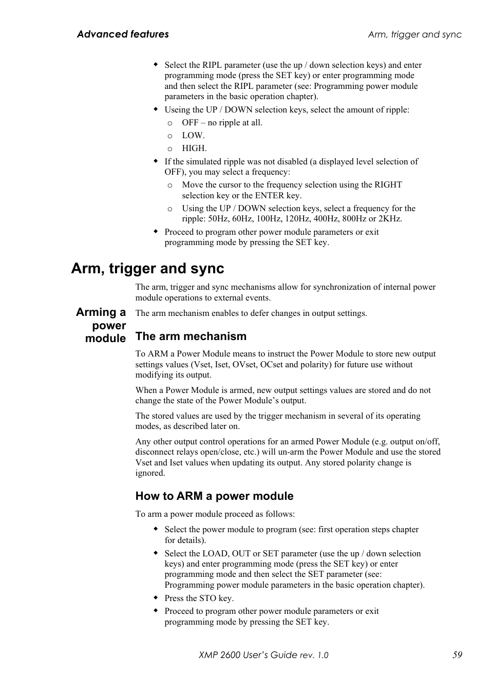 Arm, trigger and sync, Rming a power module, He arm mechanism | Ow to, A power module, Arming a power module, The arm mechanism, How to arm a power module | Xantrex Technology XMP 2600 User Manual | Page 78 / 119