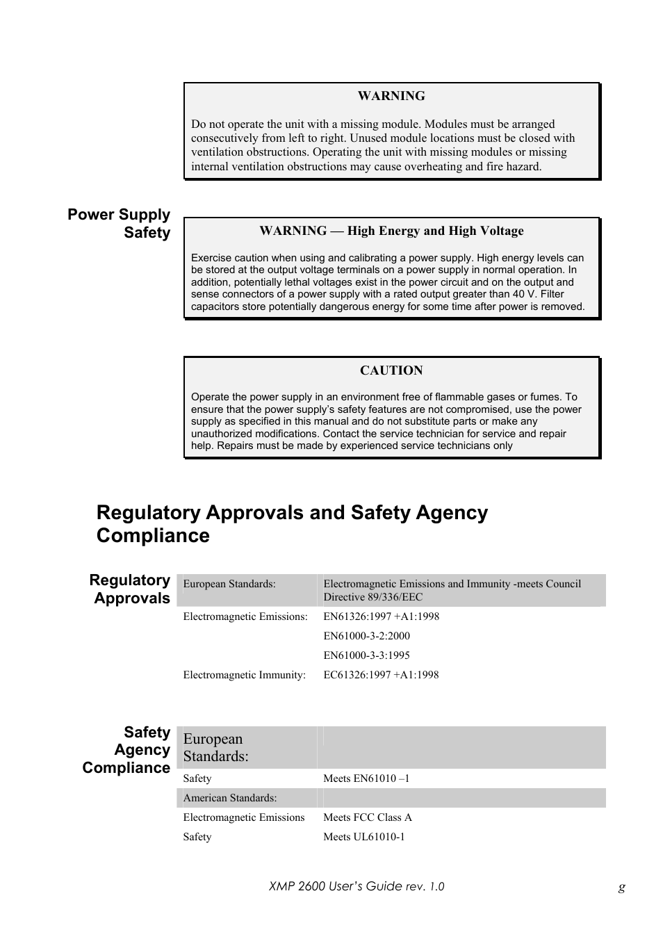 Regulatory approvals and safety agency compliance, Power supply safety, Regulatory approvals | Safety agency compliance european standards | Xantrex Technology XMP 2600 User Manual | Page 8 / 119