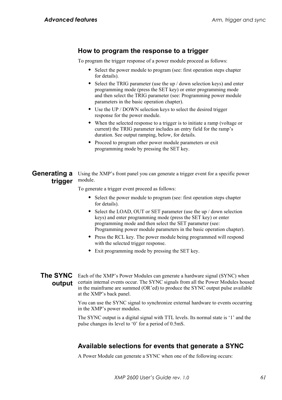 Ow to program the response to a trigger, Enerating a trigger, Sync | Output, Vailable selections for events that generate a, Sync 61, How to program the response to a trigger, Generating a trigger, The sync output | Xantrex Technology XMP 2600 User Manual | Page 80 / 119