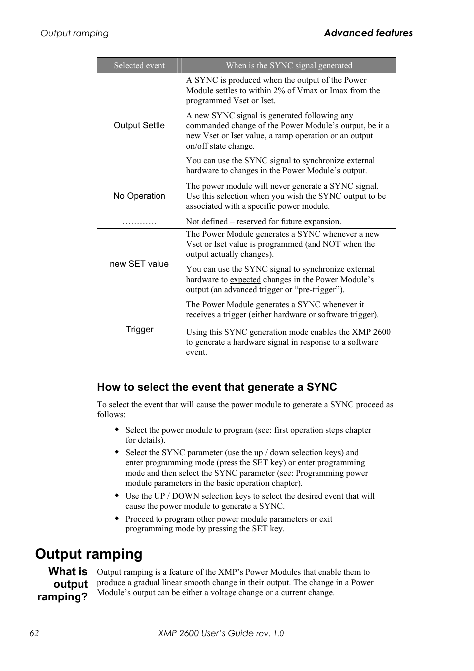 Ow to select the event that generate a, Sync 62, Output ramping | Hat is output ramping, How to select the event that generate a sync, What is output ramping | Xantrex Technology XMP 2600 User Manual | Page 81 / 119