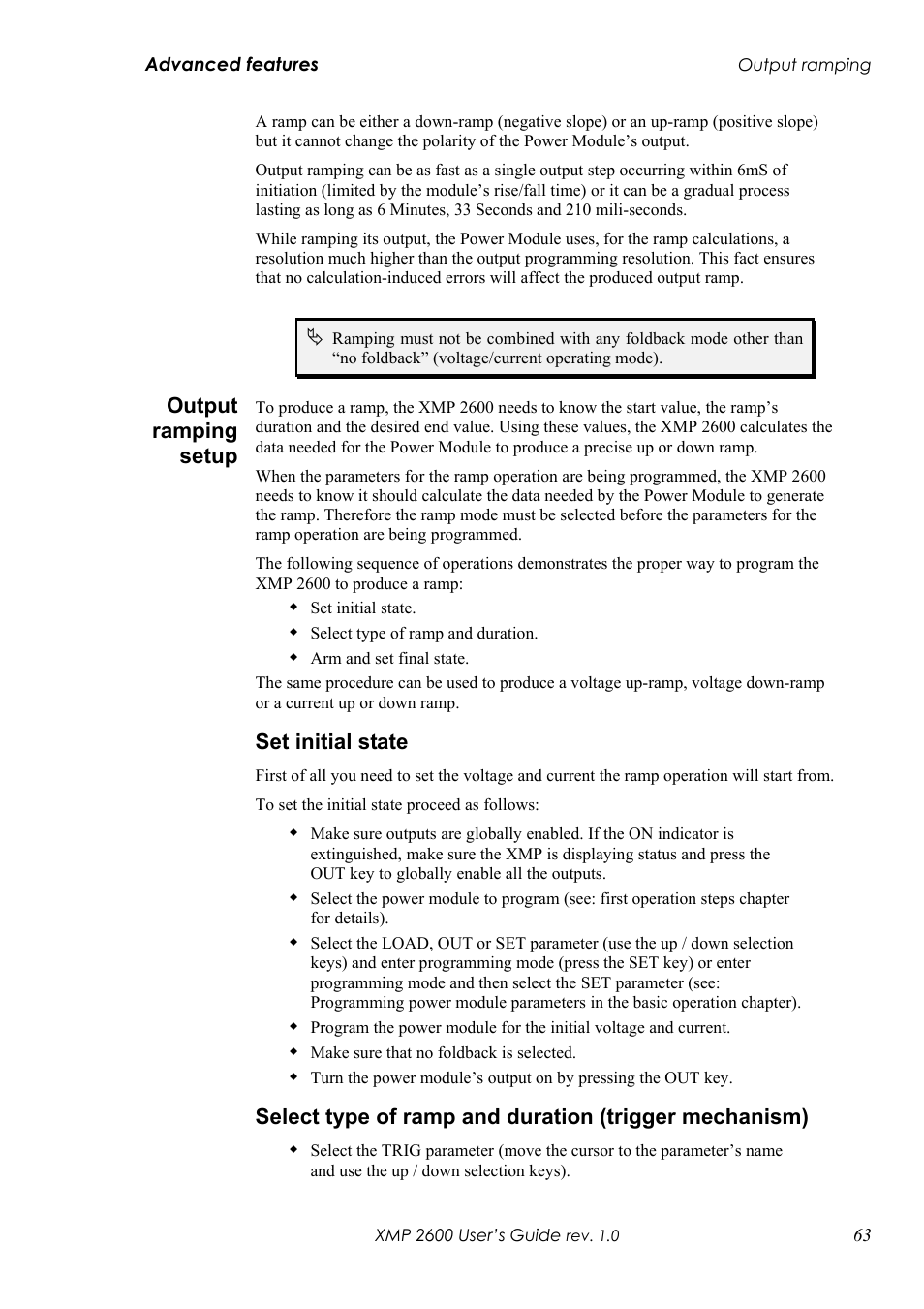 Utput ramping setup, Et initial state, Elect type of ramp and duration | Trigger mechanism, Output ramping setup, Set initial state | Xantrex Technology XMP 2600 User Manual | Page 82 / 119