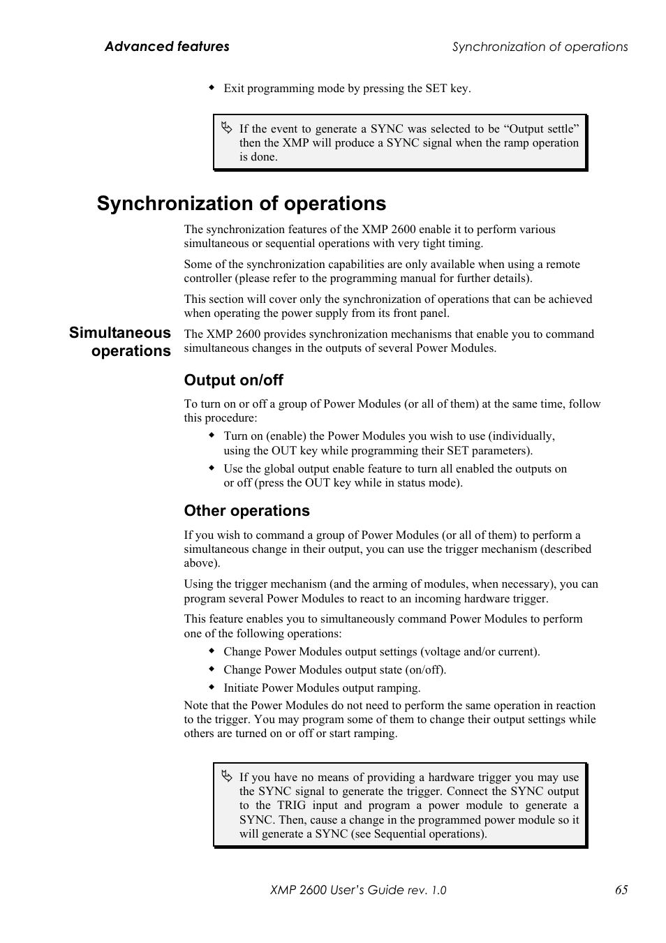 Synchronization of operations, Imultaneous operations, Utput on | Ther operations, Simultaneous operations, Output on/off, Other operations | Xantrex Technology XMP 2600 User Manual | Page 84 / 119