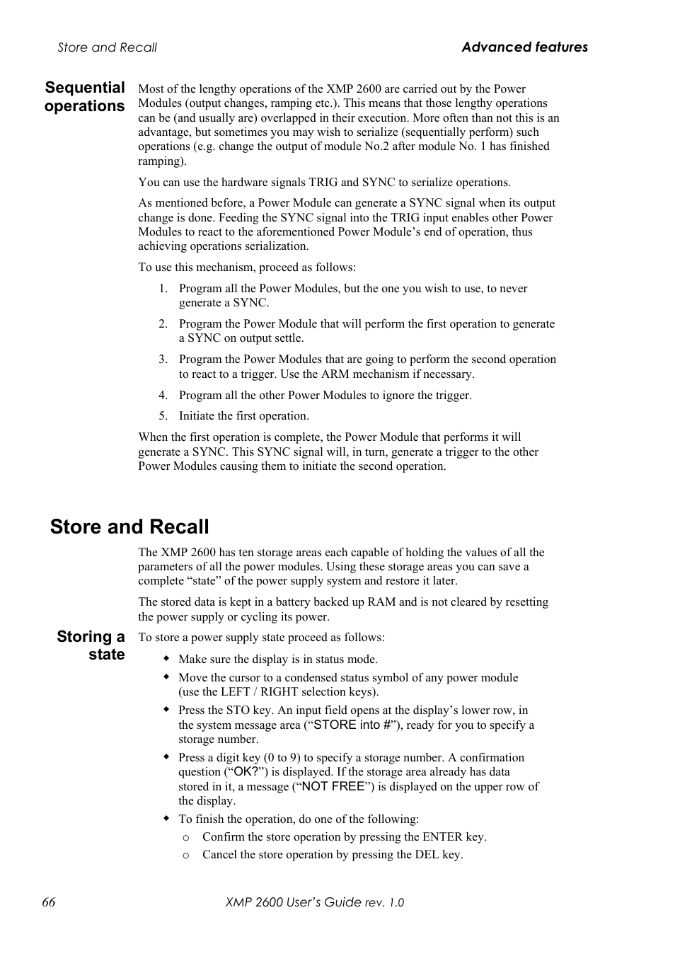 Equential operations, Store and recall, Toring a state | Sequential operations, Storing a state | Xantrex Technology XMP 2600 User Manual | Page 85 / 119