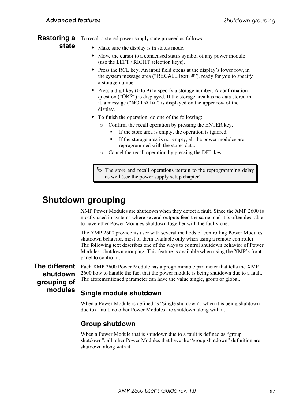 Estoring a state, Shutdown grouping, He different shutdown grouping of modules | Ingle module shutdown, Roup shutdown | Xantrex Technology XMP 2600 User Manual | Page 86 / 119