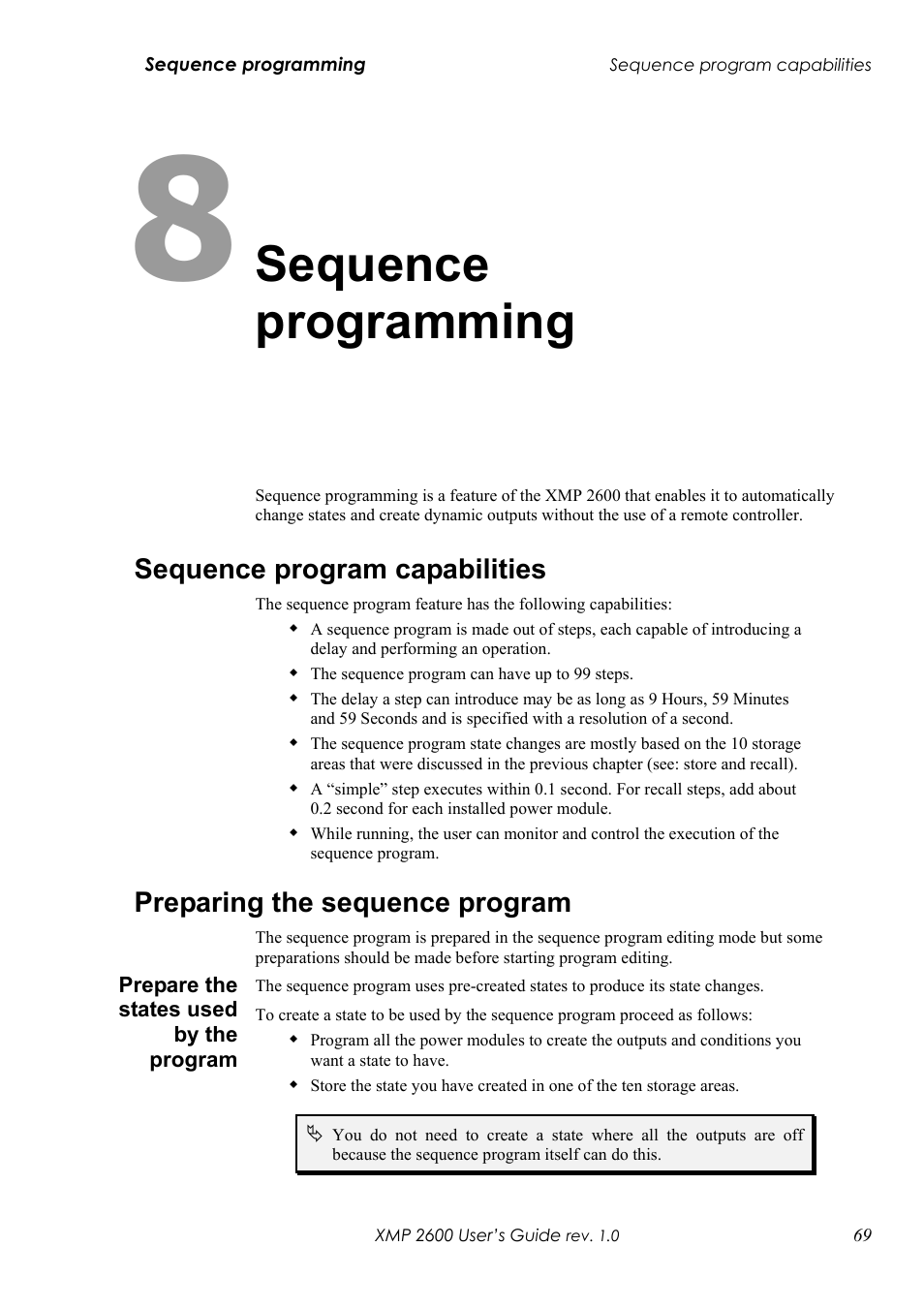 Chapter 8: sequence programming, Sequence program capabilities, Preparing the sequence program | Repare the states used by the program, Sequence programming | Xantrex Technology XMP 2600 User Manual | Page 88 / 119