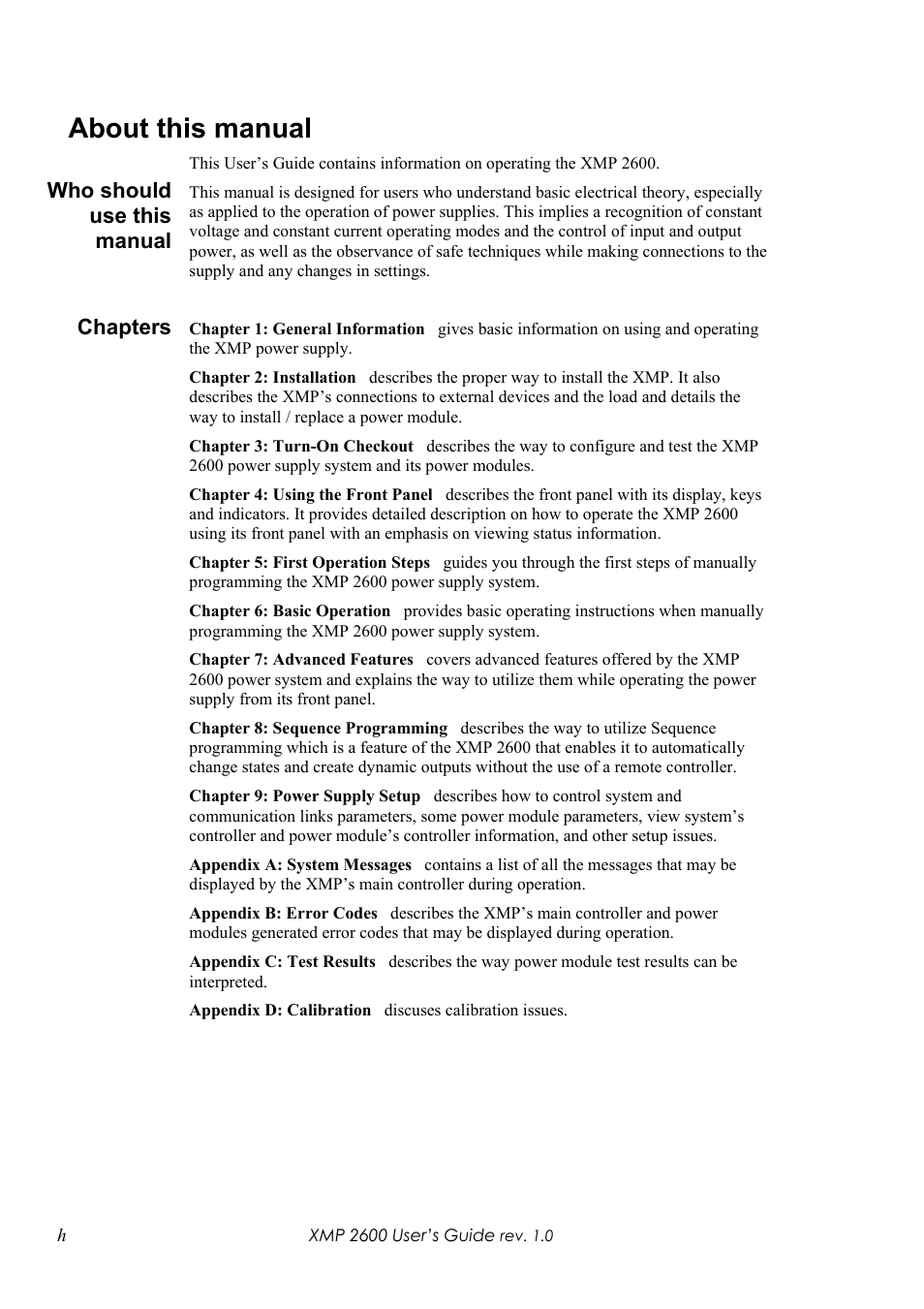 About this manual, Who should use this manual, Chapters | Xantrex Technology XMP 2600 User Manual | Page 9 / 119