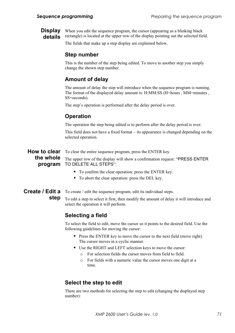 Isplay details, Tep number, Mount of delay | Peration, Ow to clear the whole program, Reate, Dit a step, Electing a field, Elect the step to edit | Xantrex Technology XMP 2600 User Manual | Page 90 / 119