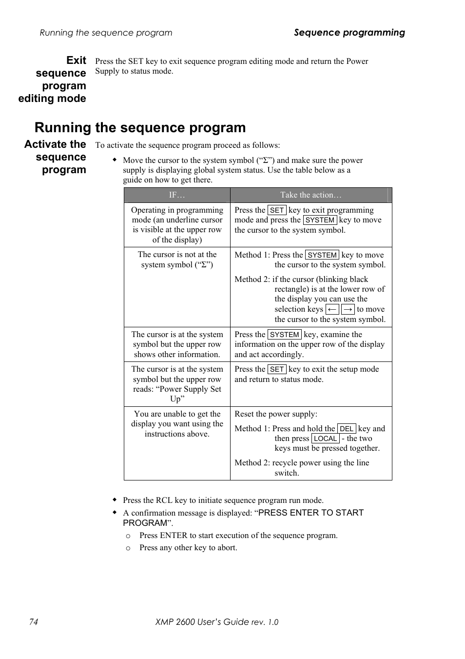 Xit sequence program editing mode, Running the sequence program, Ctivate the sequence program | Exit sequence program editing mode, Activate the sequence program | Xantrex Technology XMP 2600 User Manual | Page 93 / 119