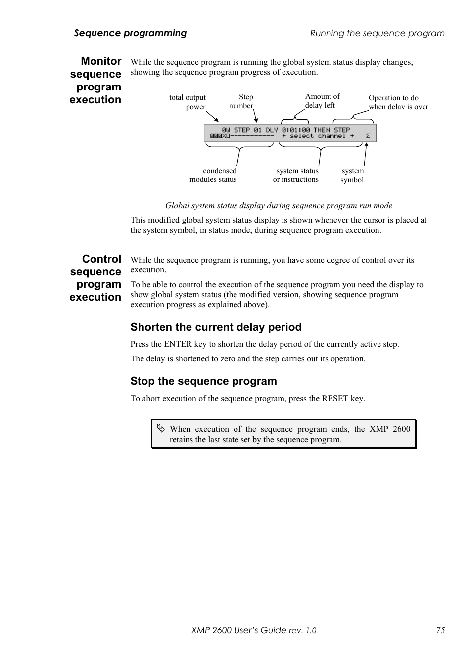 Onitor sequence program execution, Ontrol sequence program execution, Horten the current delay period | Top the sequence program, Monitor sequence program execution, Control sequence program execution, Shorten the current delay period, Stop the sequence program | Xantrex Technology XMP 2600 User Manual | Page 94 / 119