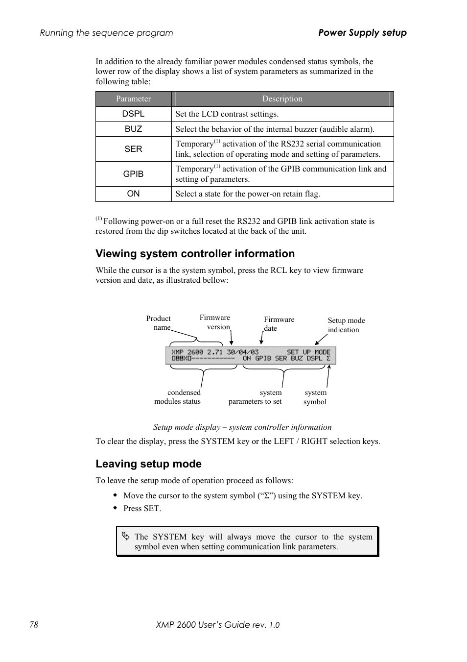 Iewing system controller information, Eaving setup mode, Viewing system controller information | Leaving setup mode | Xantrex Technology XMP 2600 User Manual | Page 97 / 119