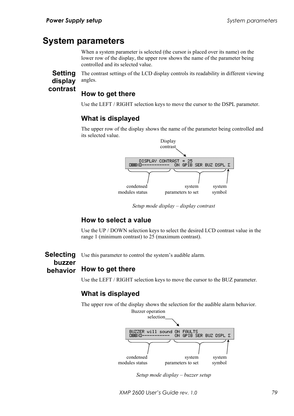 System parameters, Etting display contrast, Ow to get there | Hat is displayed, Ow to select a value, Electing buzzer behavior, Setting display contrast, How to get there, What is displayed, How to select a value | Xantrex Technology XMP 2600 User Manual | Page 98 / 119