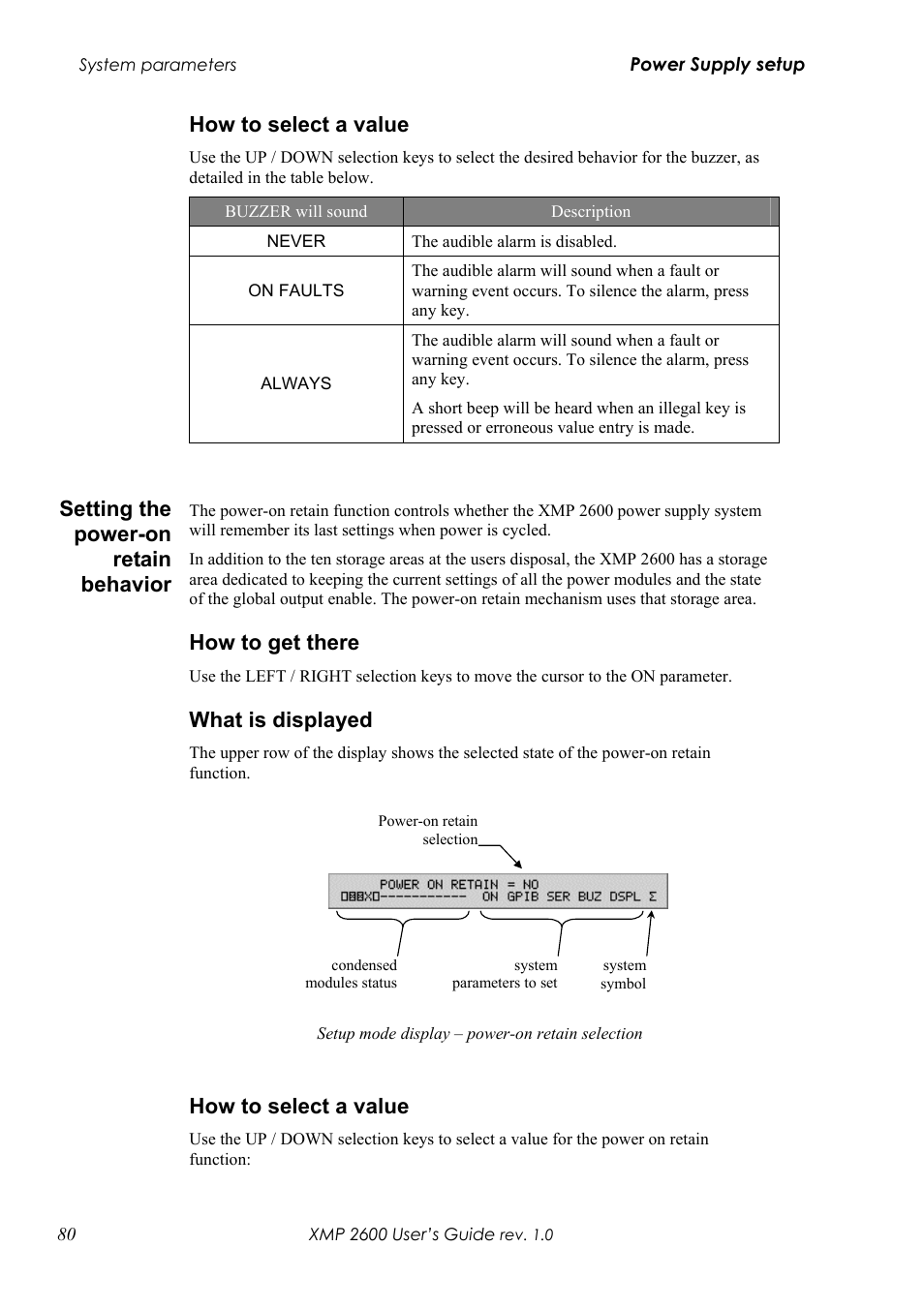 Ow to select a value, Etting the power, On retain behavior | Ow to get there, Hat is displayed, How to select a value, Setting the power-on retain behavior, How to get there, What is displayed | Xantrex Technology XMP 2600 User Manual | Page 99 / 119