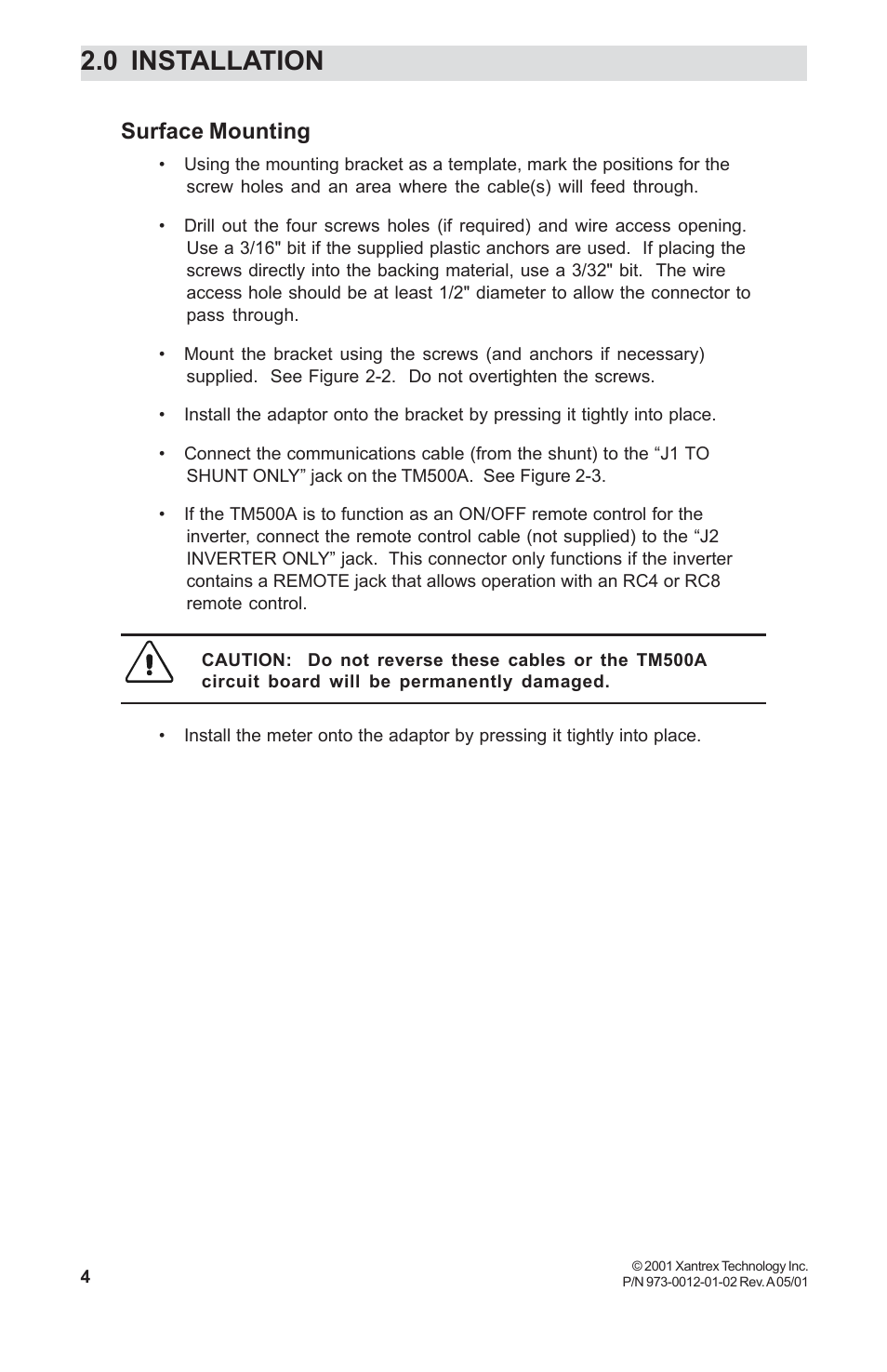 Surface mounting, 0 installation | Xantrex Technology TM500A User Manual | Page 10 / 44