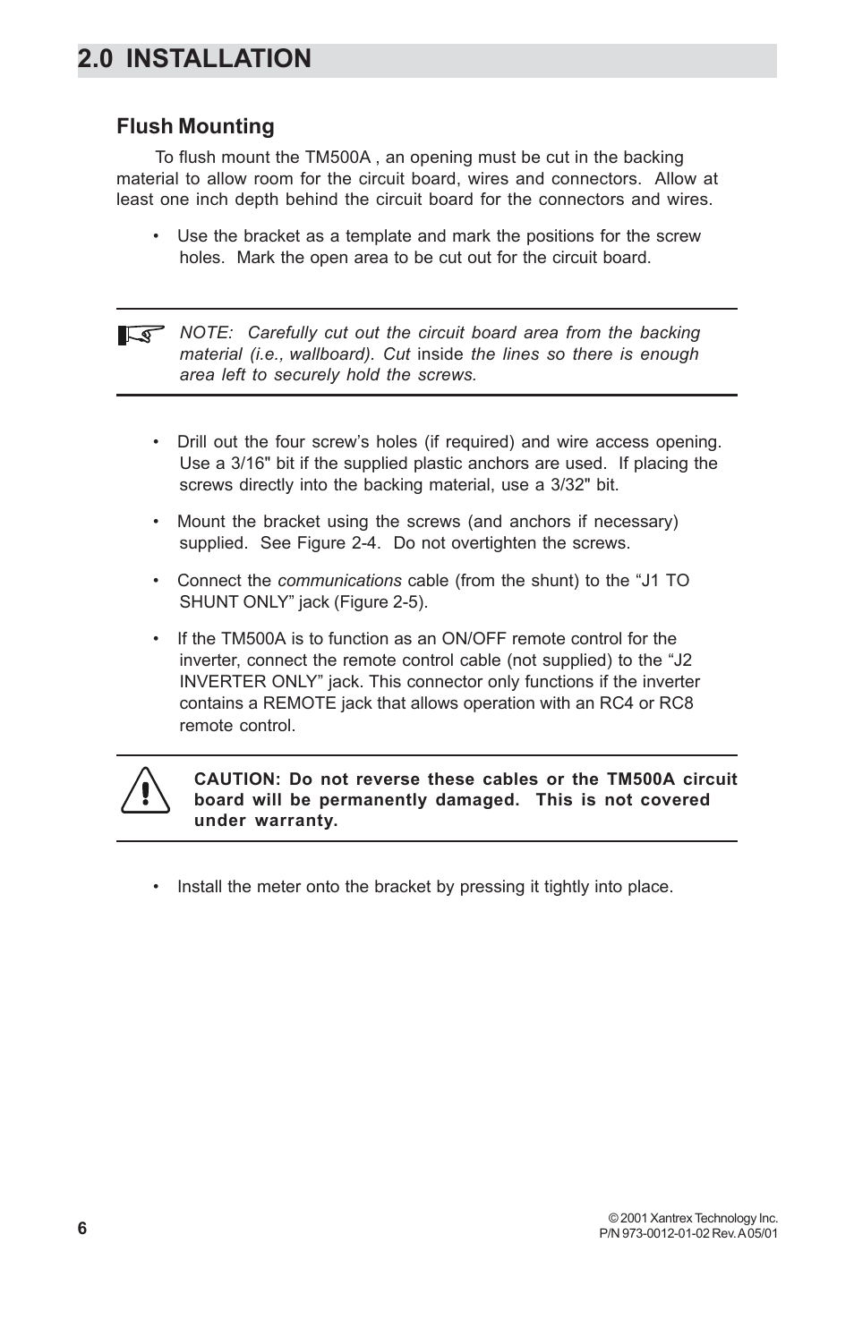 Flush mounting, 0 installation | Xantrex Technology TM500A User Manual | Page 12 / 44