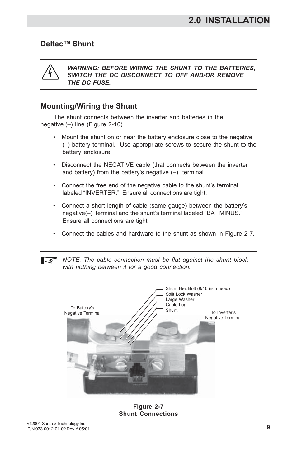 Deltec™ shunt, Mounting/wiring the shunt, 0 installation | Xantrex Technology TM500A User Manual | Page 15 / 44