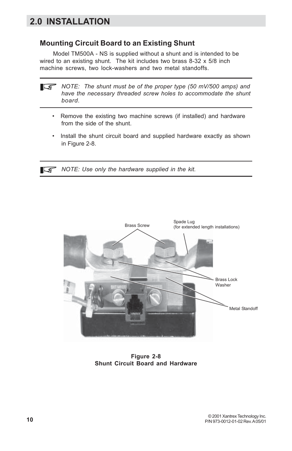 Mounting circuit board to an existing shunt, 0 installation | Xantrex Technology TM500A User Manual | Page 16 / 44