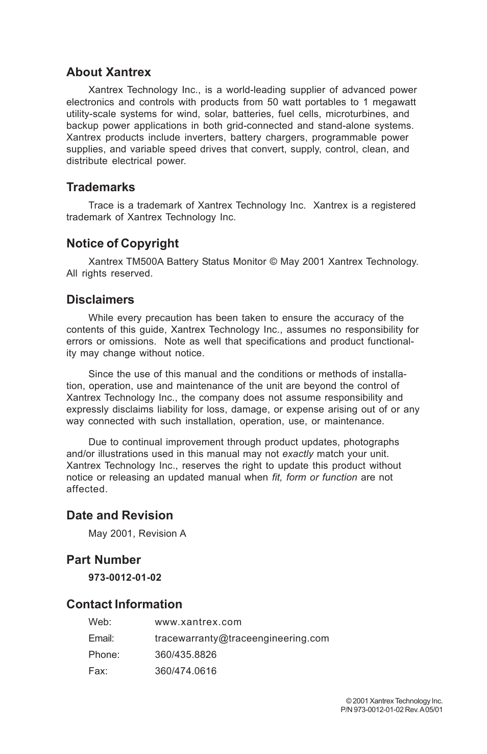 0 introduction, About xantrex, Trademarks | Notice of copyright, Disclaimers, Date and revision, Part number, Contact information | Xantrex Technology TM500A User Manual | Page 2 / 44