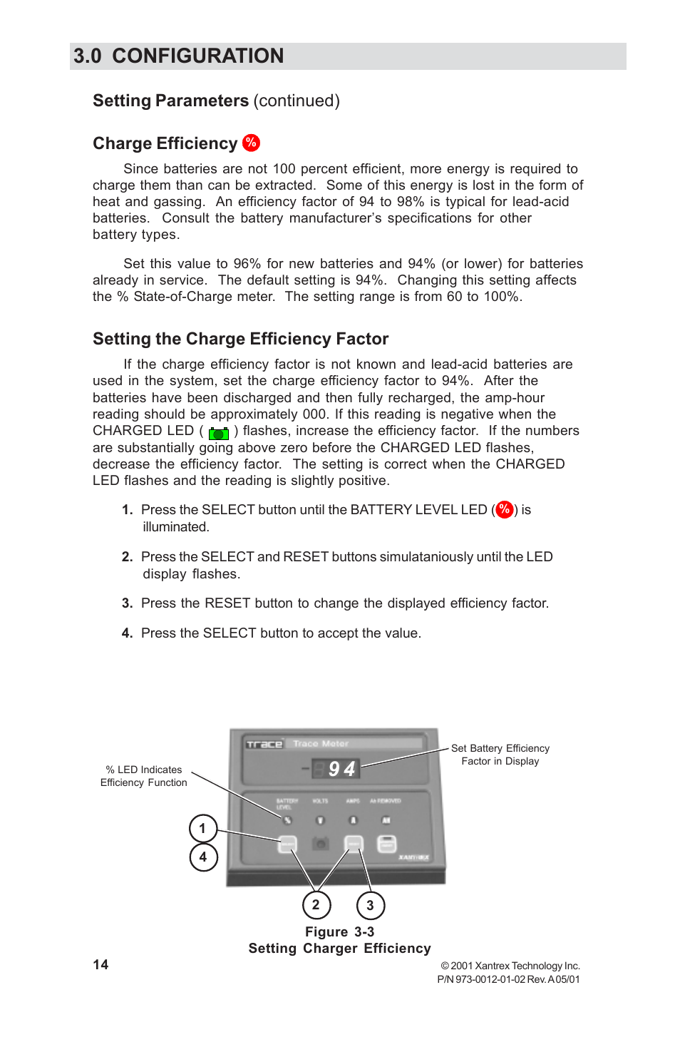 Charge efficiency, Setting the charge efficiency factor, 9 4 3.0 configuration | Setting parameters (continued) charge efficiency | Xantrex Technology TM500A User Manual | Page 20 / 44