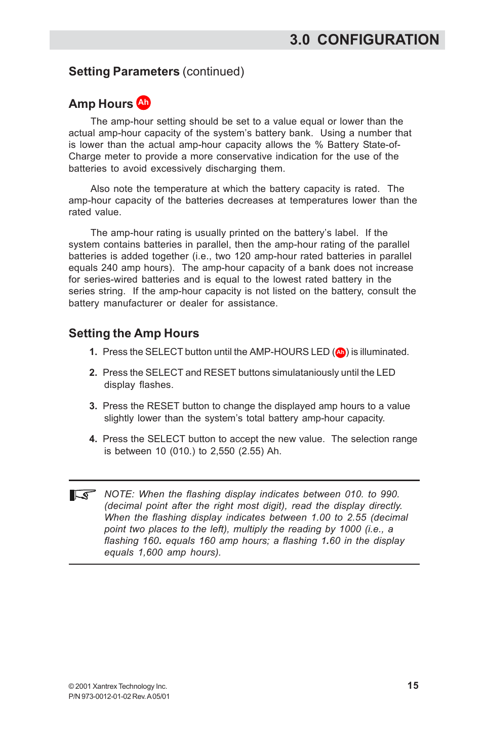 Amp hours, Setting the amp hours, 0 configuration | Setting parameters (continued) amp hours | Xantrex Technology TM500A User Manual | Page 21 / 44