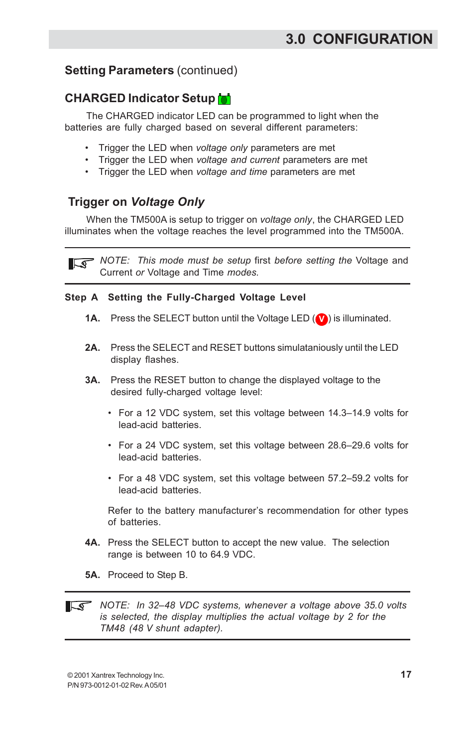 Charged indicator setup, Trigger on voltage only, 0 configuration | Xantrex Technology TM500A User Manual | Page 23 / 44