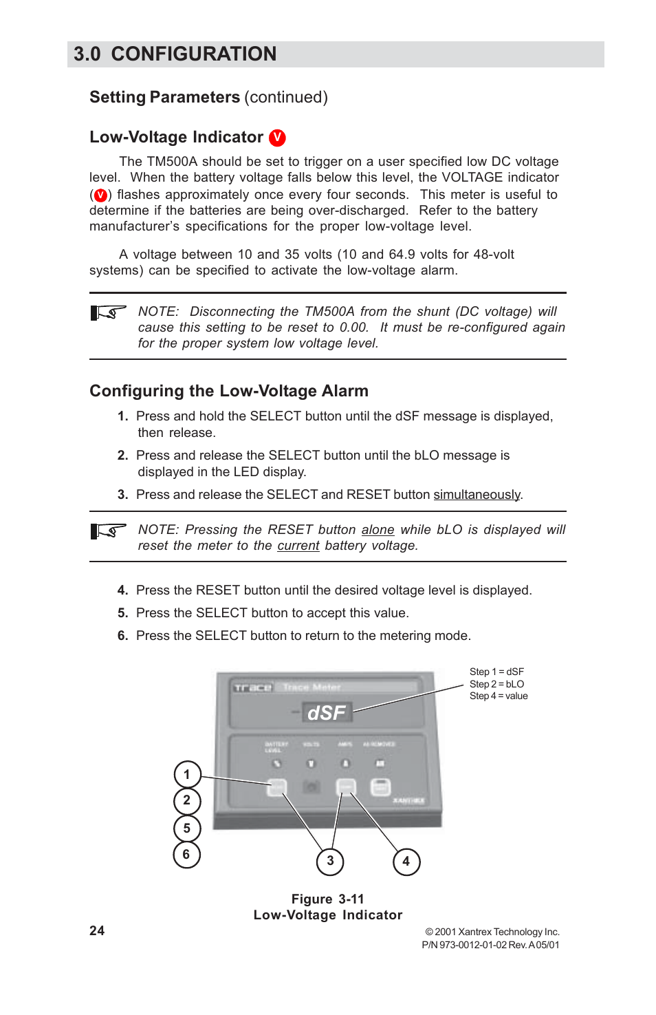 Low-voltage indicator, Configuring the low-voltage alarm, 0 configuration | Xantrex Technology TM500A User Manual | Page 30 / 44