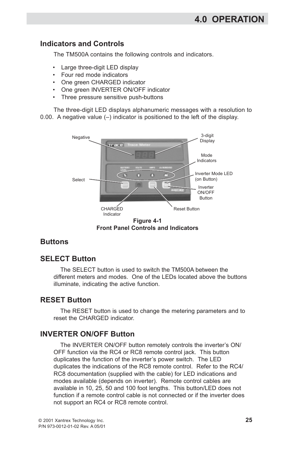 0 operation, Indicators and controls, Buttons | Select button, Reset button, Inverter on/off button, Indicators and controls buttons, Select button reset button inverter on/off button, Buttons select button | Xantrex Technology TM500A User Manual | Page 31 / 44