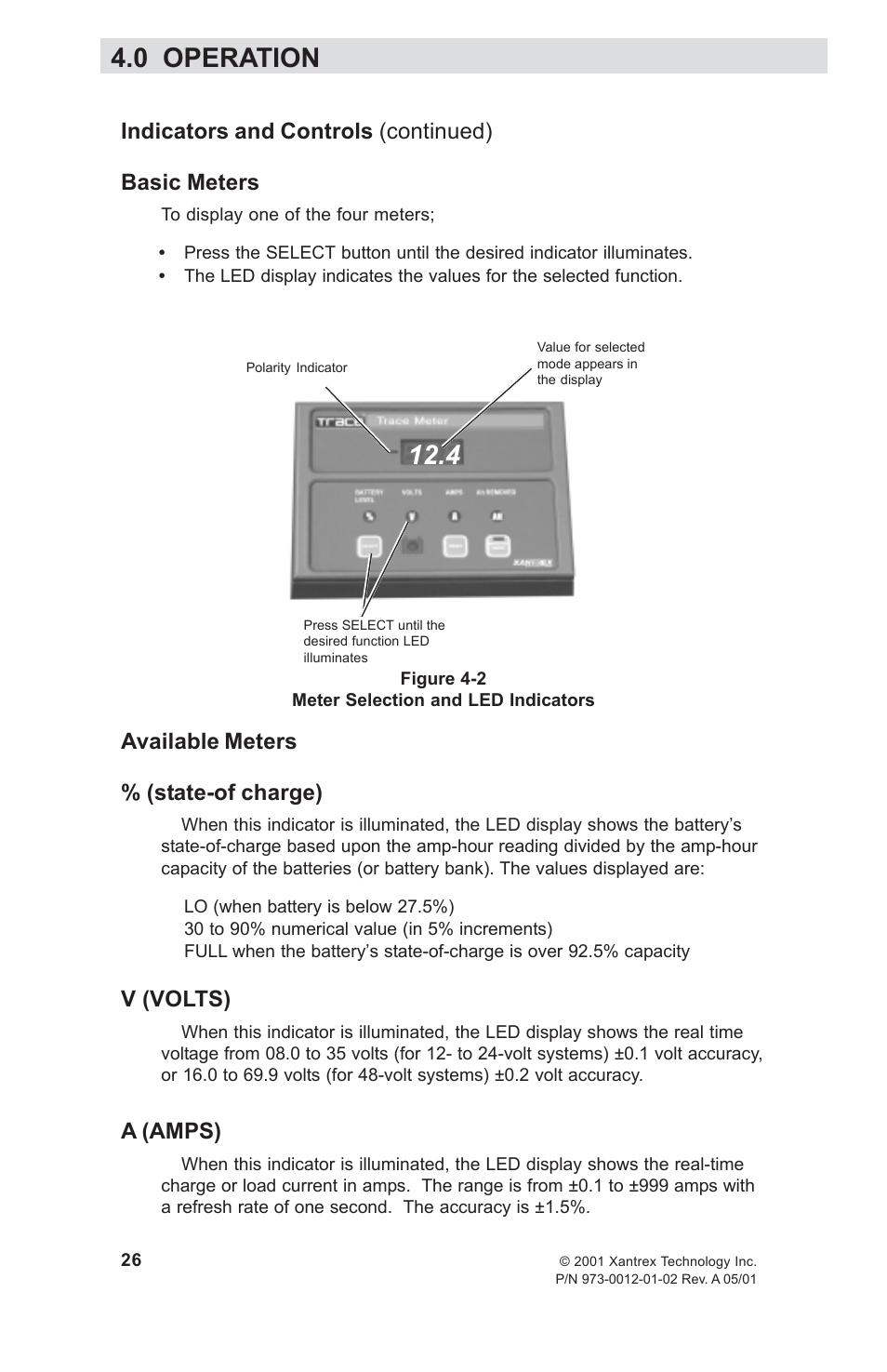 Basic meters, Available meters, State-of charge) | V (volts), A (amps), State-of charge) v (volts) a (amps), 0 operation, Indicators and controls (continued) basic meters, Available meters % (state-of charge) | Xantrex Technology TM500A User Manual | Page 32 / 44