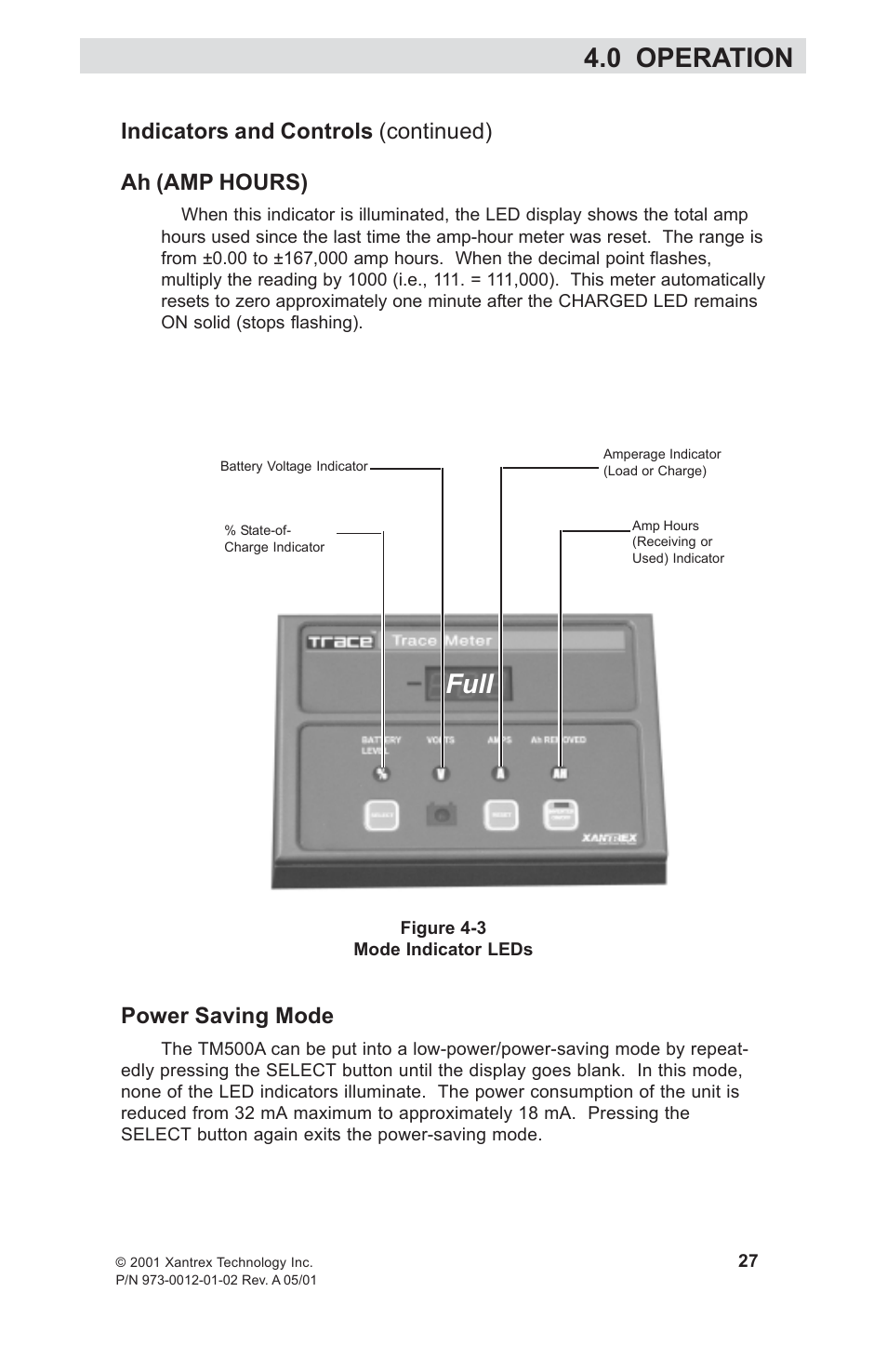 Ah (amp hours), Power saving mode, Full | 0 operation, Indicators and controls (continued) ah (amp hours) | Xantrex Technology TM500A User Manual | Page 33 / 44