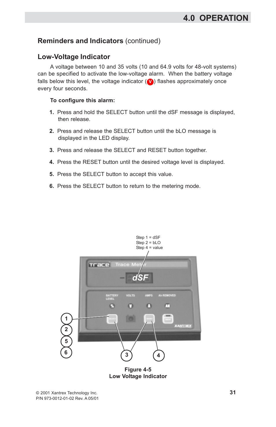 Low-voltage indicator, 0 operation | Xantrex Technology TM500A User Manual | Page 37 / 44