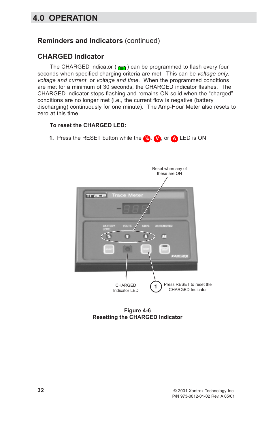 Charged indicator, 0 operation | Xantrex Technology TM500A User Manual | Page 38 / 44