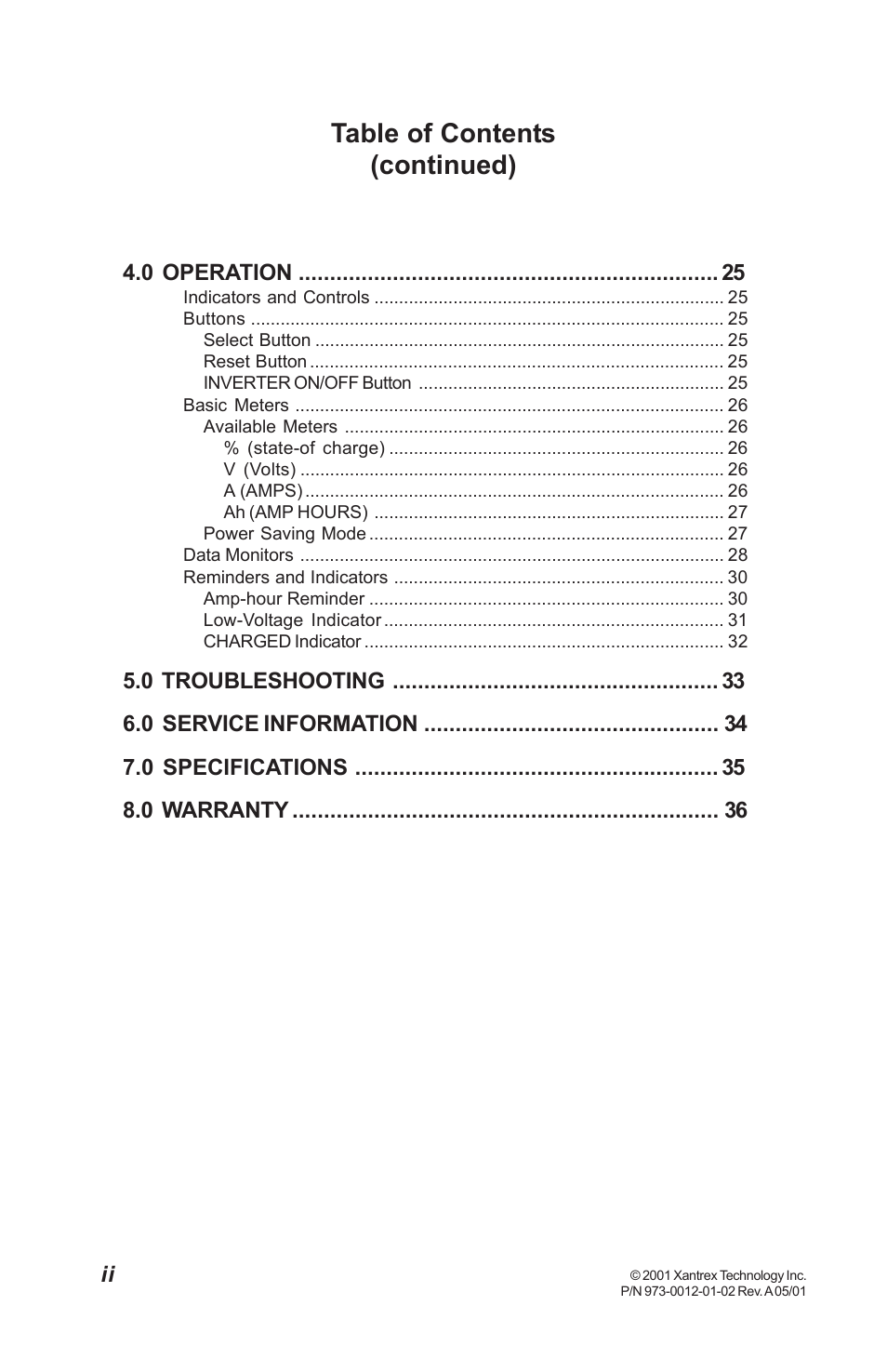 Table of contents (continued) | Xantrex Technology TM500A User Manual | Page 4 / 44