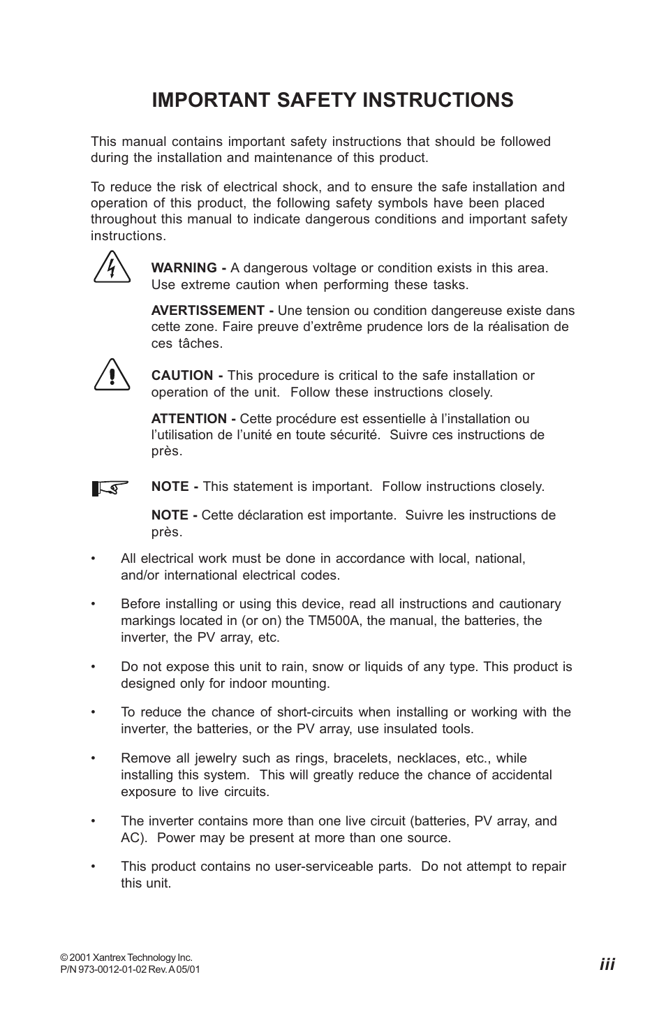 Important safety instructions | Xantrex Technology TM500A User Manual | Page 5 / 44