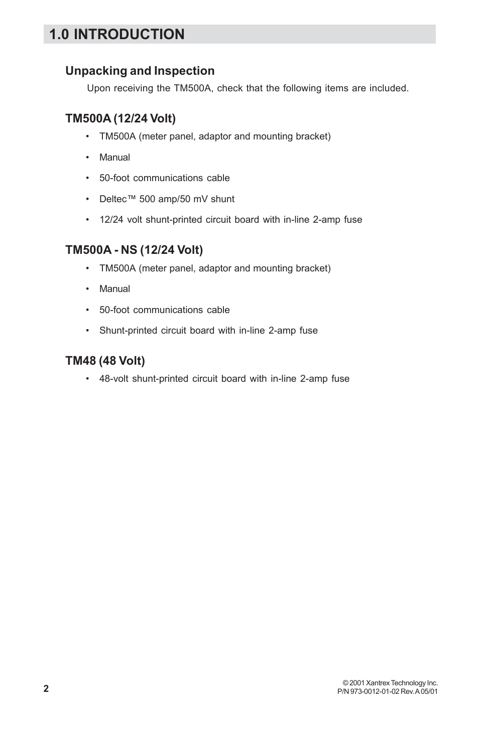Unpacking and inspection, Tm500a (12/24 volt), Tm500a - ns (12/24 volt) | Tm48 (48 volt), 0 introduction | Xantrex Technology TM500A User Manual | Page 8 / 44