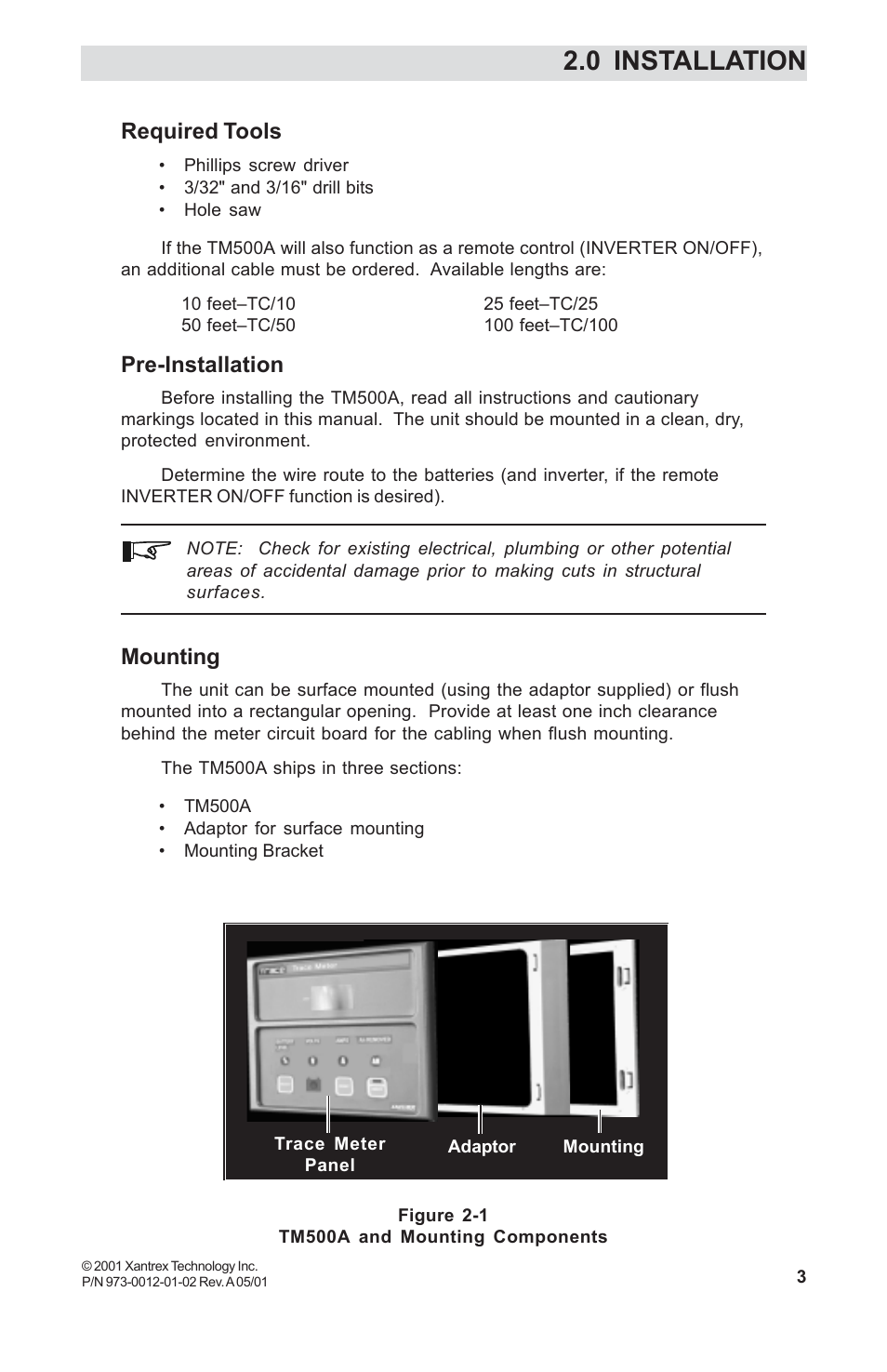 0 installation, Required tools, Pre-installation | Mounting, Required tools pre-installation mounting | Xantrex Technology TM500A User Manual | Page 9 / 44