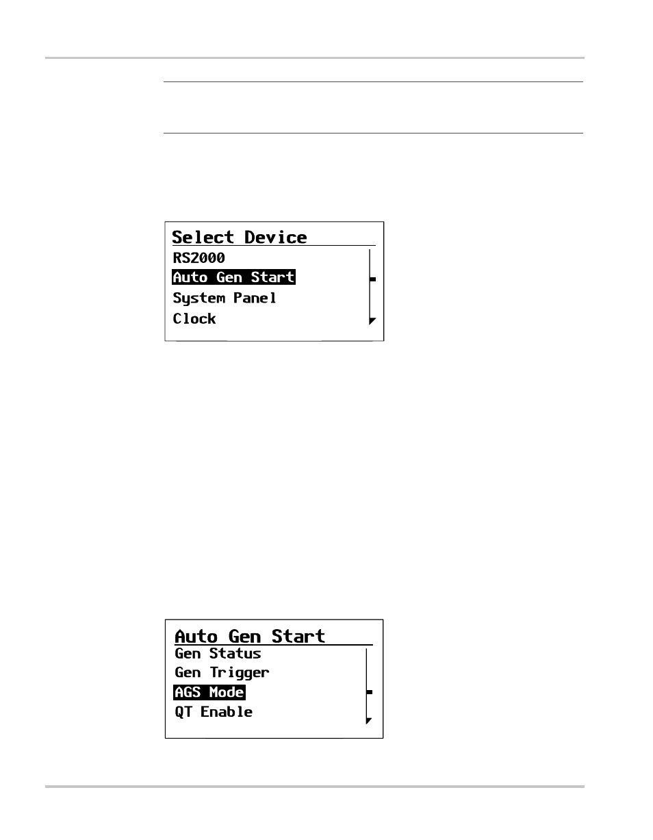 Viewing the auto gen start menu, Selecting and adjusting the changeable setting, Selecting and adjusting the changeable setting –4 | Xantrex Technology Automatic Generator User Manual | Page 52 / 124
