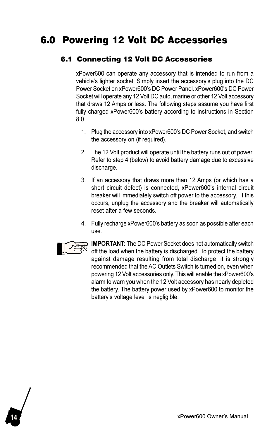 0 powering 12 volt dc accessories | Xantrex Technology 600 User Manual | Page 18 / 36