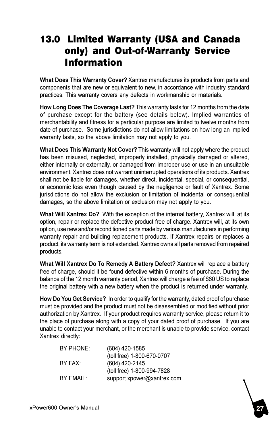 0 limited warranty, 0 limited warranty (usa and canada only) | Xantrex Technology 600 User Manual | Page 31 / 36