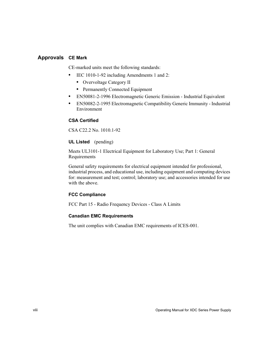 Approvals, Ce mark, Csa certified | Ul listed, Fcc compliance, Canadian emc requirements | Xantrex Technology XDC User Manual | Page 10 / 254