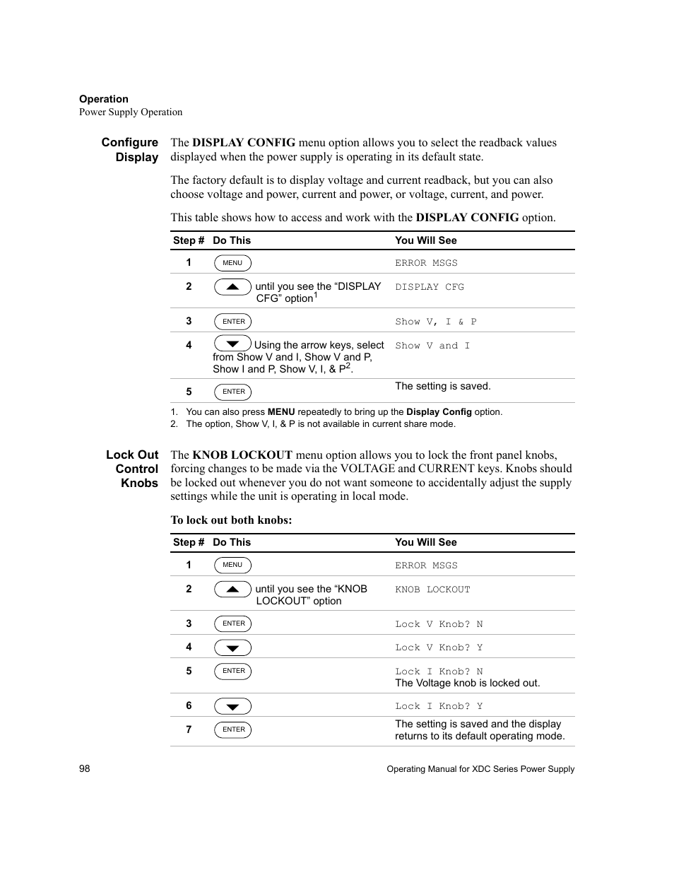 Configure display, Lock out control knobs, Configure display lock out control knobs | Xantrex Technology XDC User Manual | Page 100 / 254