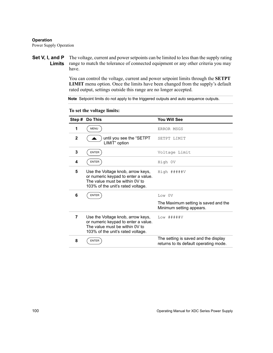 Set v, i, and p limits, Note | Xantrex Technology XDC User Manual | Page 102 / 254