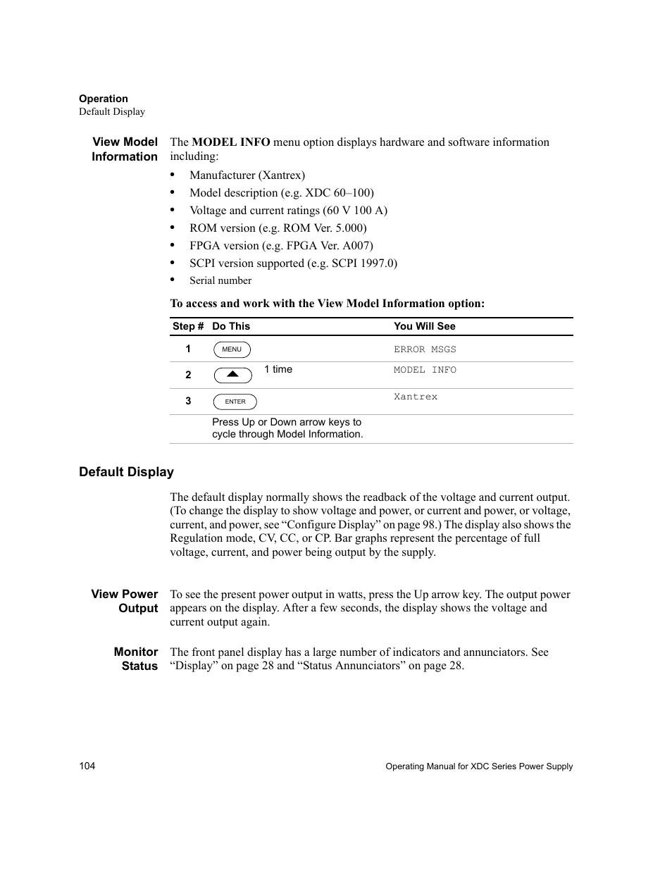 View model information, Default display, View power output | Monitor status, View power output monitor status | Xantrex Technology XDC User Manual | Page 106 / 254