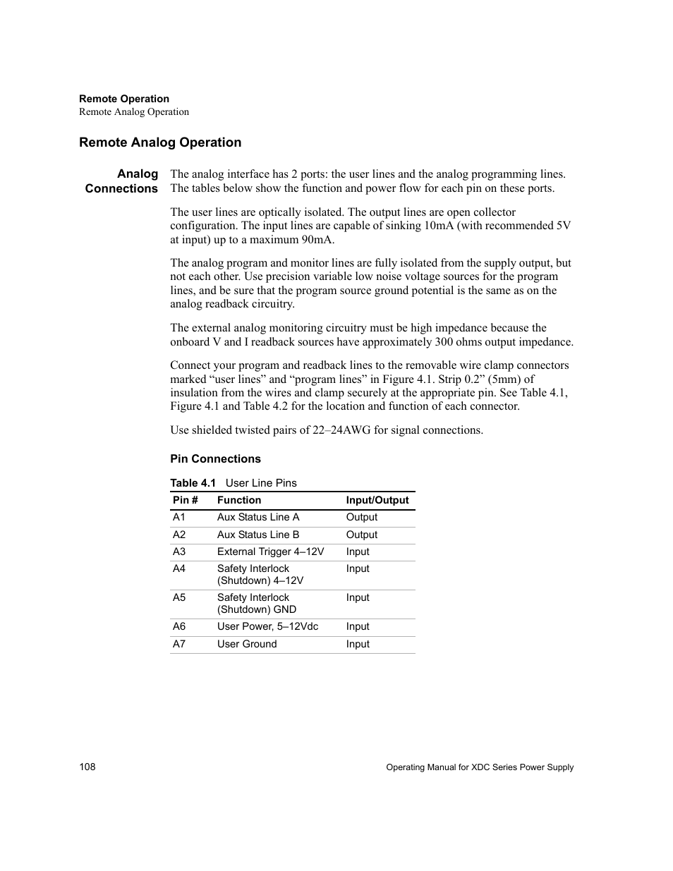 Remote analog operation, Analog connections, Pin connections | Table 4.1, User line pins | Xantrex Technology XDC User Manual | Page 110 / 254